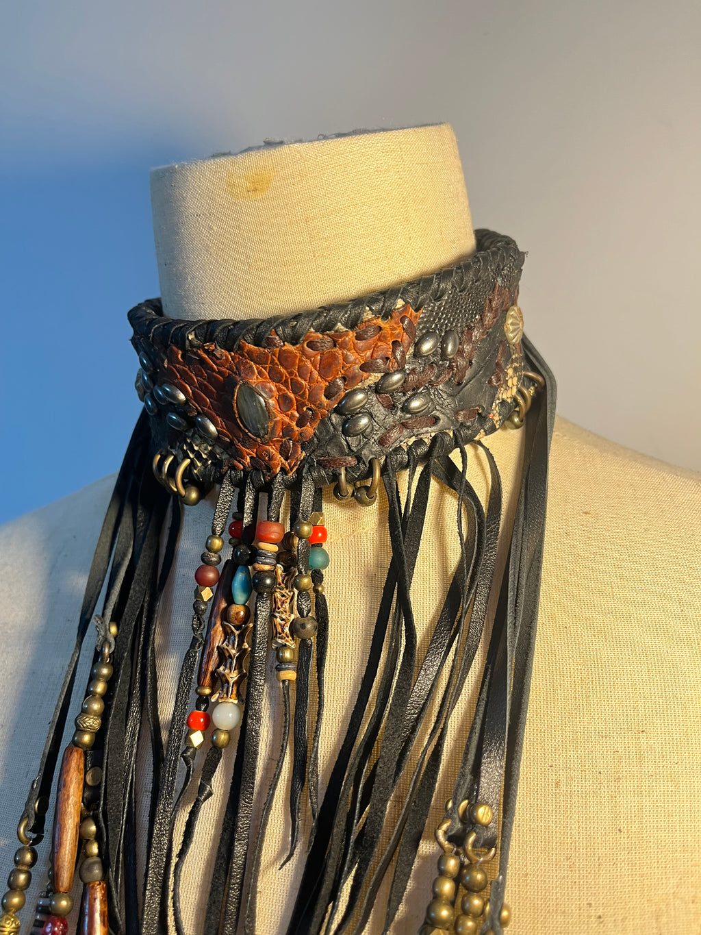Tribal Patchwork Antique Bead Fringed Choker [1of1]