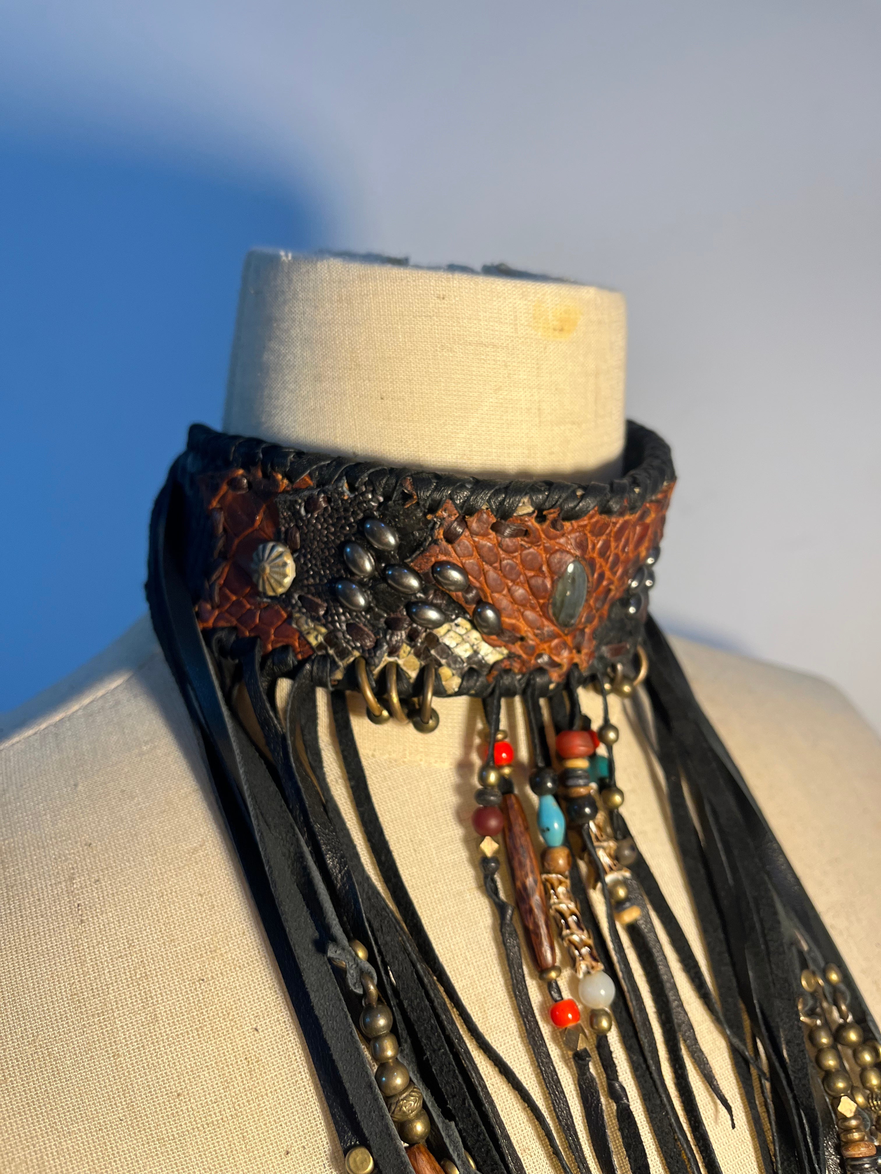 Tribal Patchwork Antique Bead Fringed Choker [1of1]