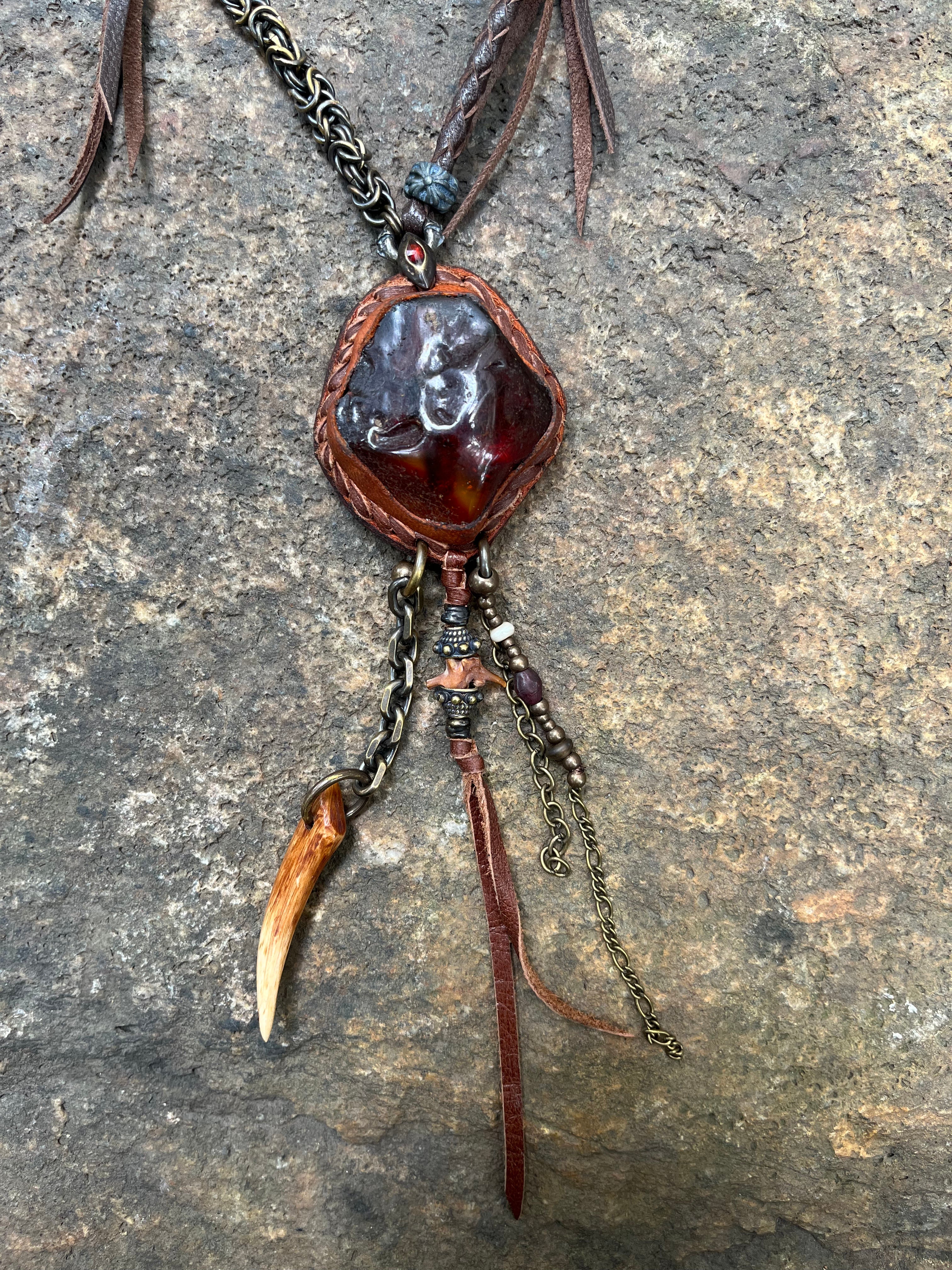 Primitive Amber & Bone Talon Necklace