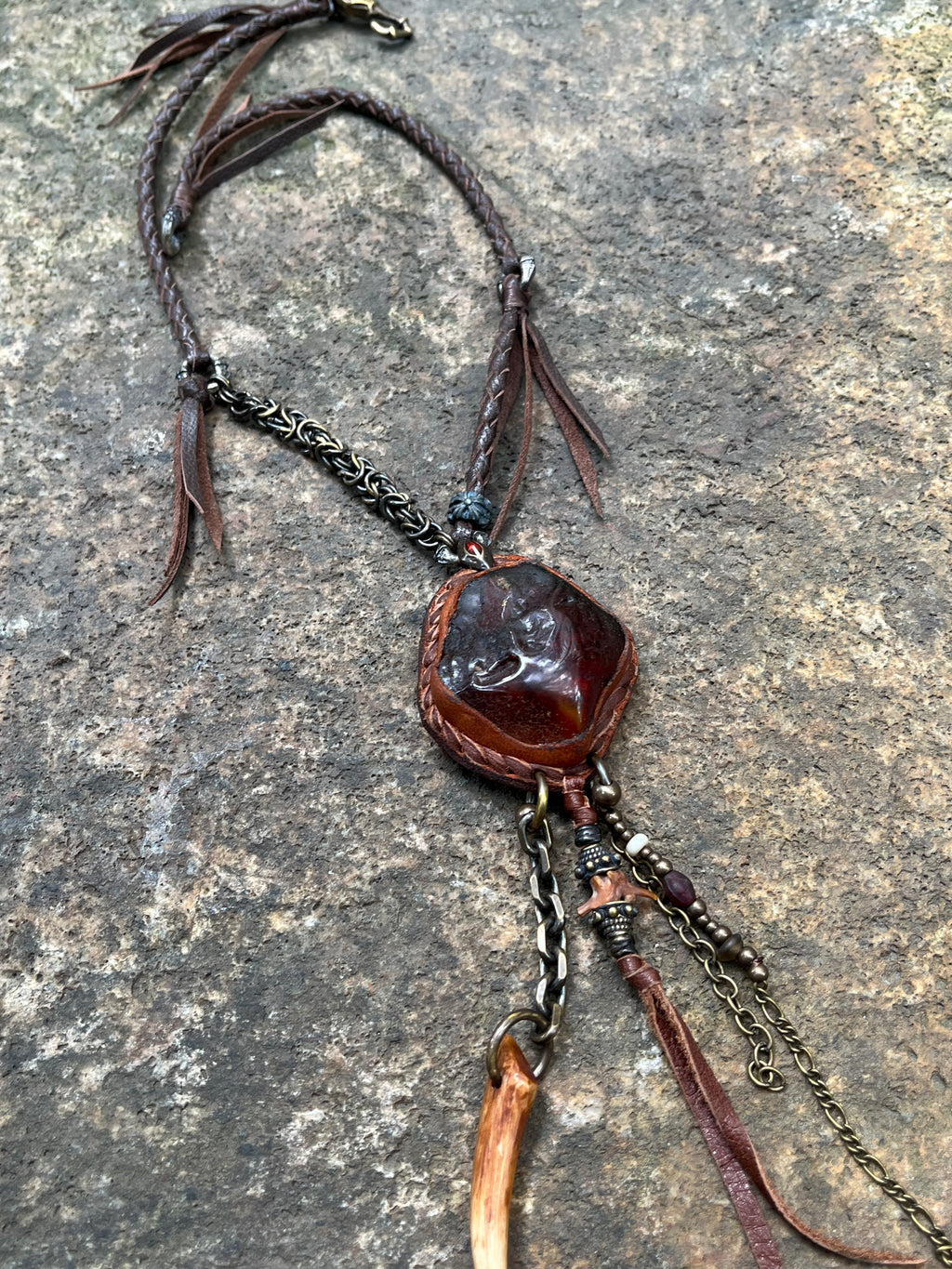 Primitive Amber & Bone Talon Necklace