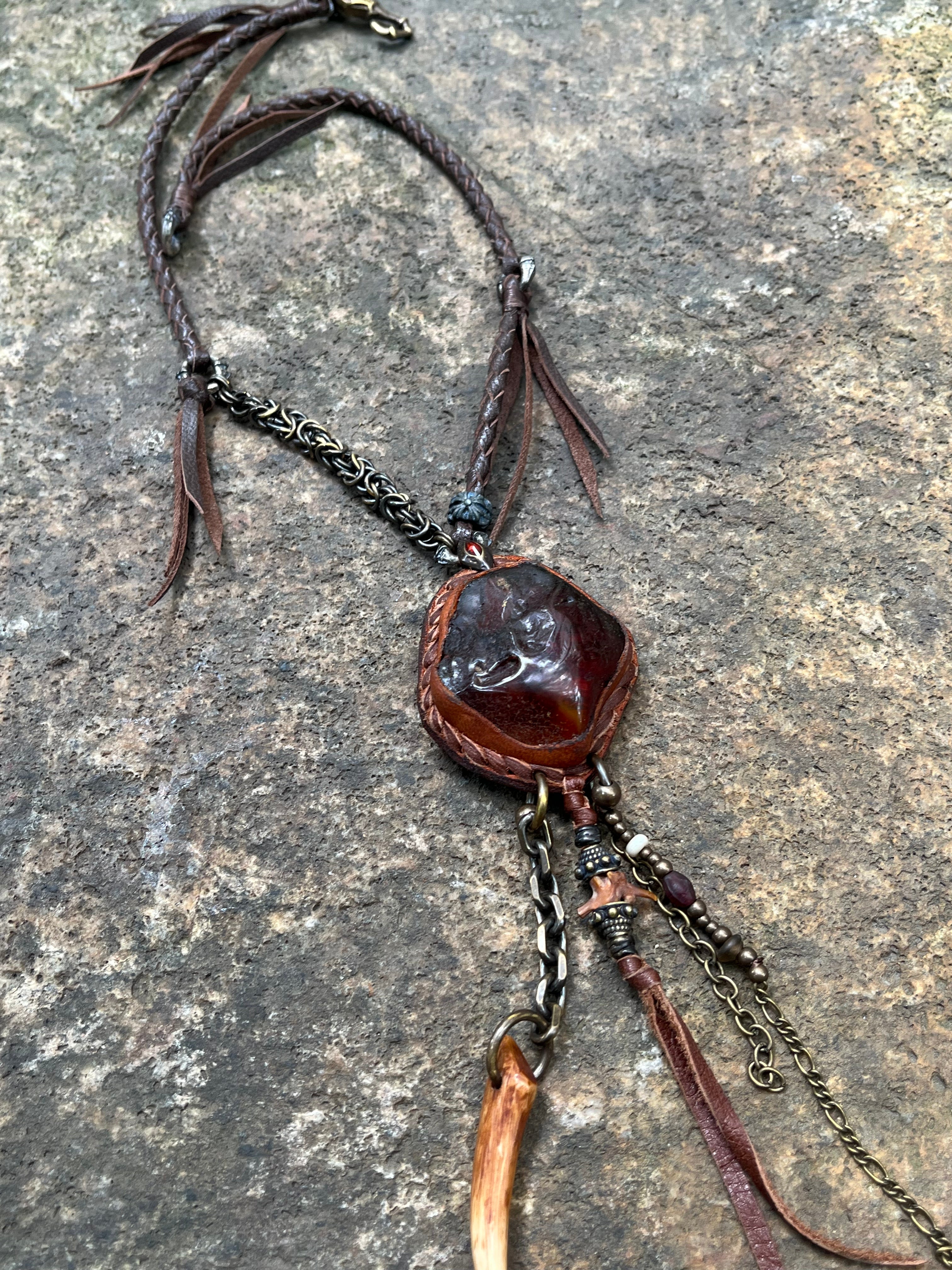 Primitive Amber & Bone Talon Necklace